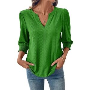 Women's 3/4 Sleeve V-Neck Hollow Out Blouse Green Medium New